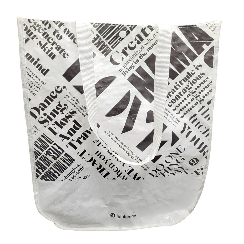 Lululemon Athletica Yoga Tote Reusable Shopping Gym Bag White With Black Print